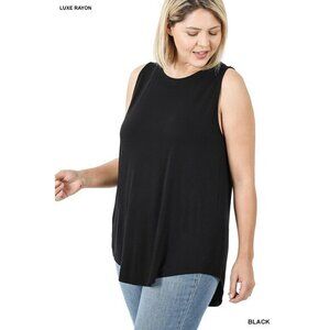 Zenana Plus Size Luxe Rayon Sleeveless‎ Hi-Low Hem Tank Top Black Size 1X